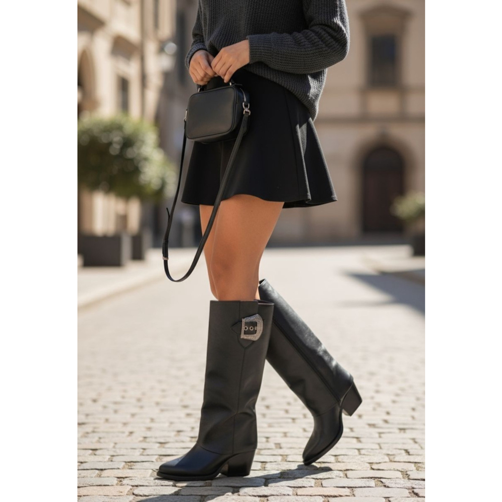 Zodiac Modern Foldover Statement Western Buckle Boots Knee Height BLACK SZ 10 M